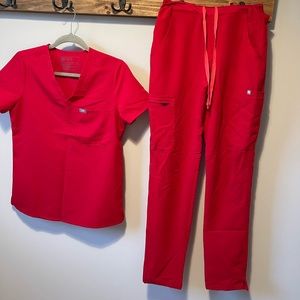 FIGS red XS Catalina top and XS tall Yola high rise straight leg pants